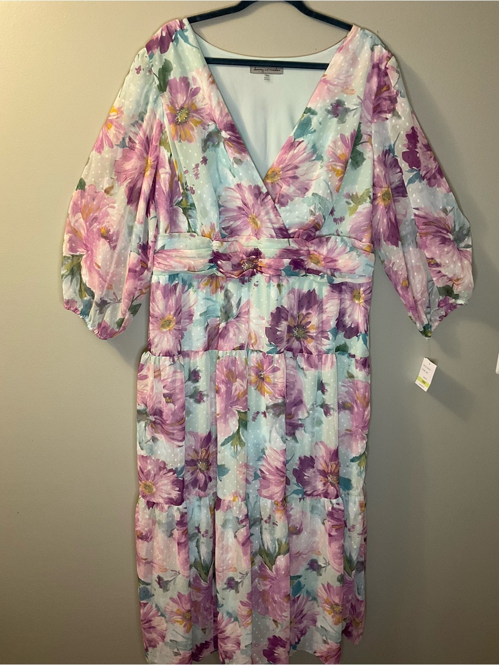 Danny & Nicole Pastel Floral V-Neck Puff Sleeve Dress